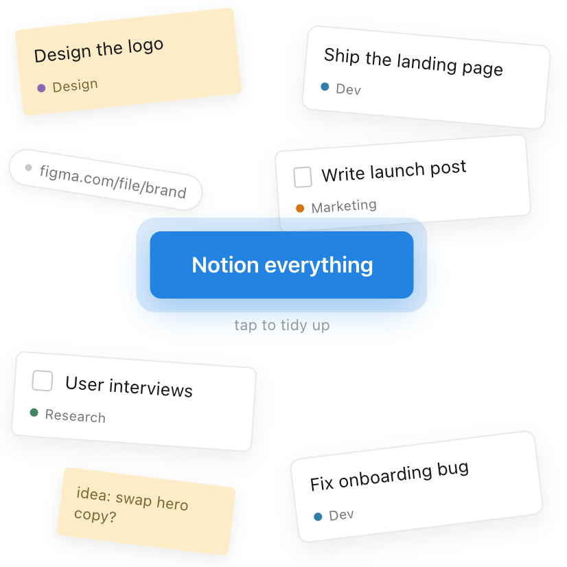 Scattered Notion tasks, notes and links tidying into one board with a single tap