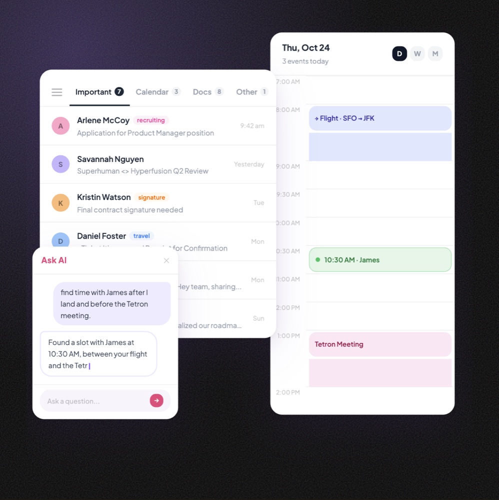 Superhuman inbox beside a day calendar, with Ask AI booking a slot between two events